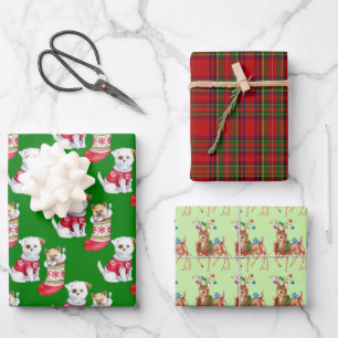 Christmas Reindeer Kitten, Dog and Green Red Plaid Wrapping Paper Sheets