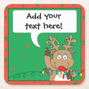 Christmas Reindeer Lights Candy Canes Square Paper Coaster