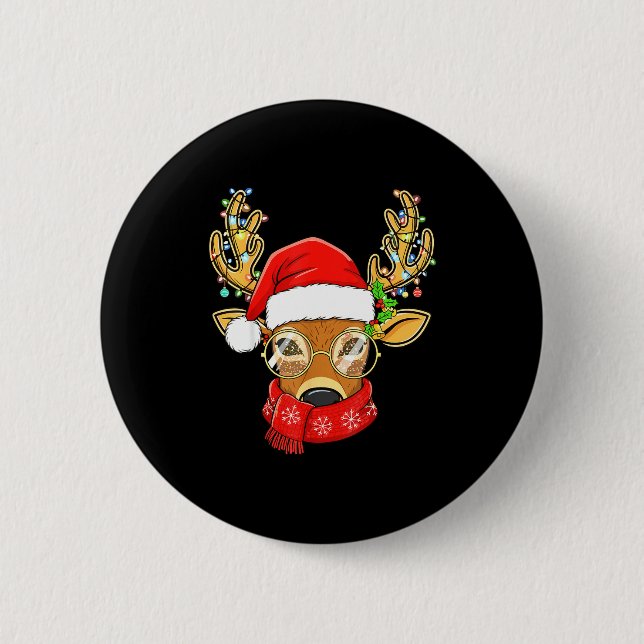 Christmas Reindeer Lights Gles Santa Hat Deer Xmas Button (Front)