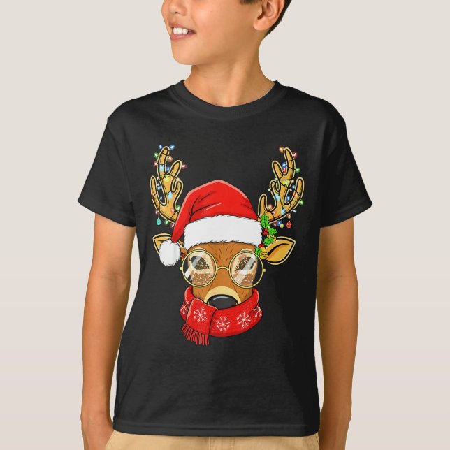 Christmas Reindeer Lights Gles Santa Hat Deer Xmas T-Shirt (Front)