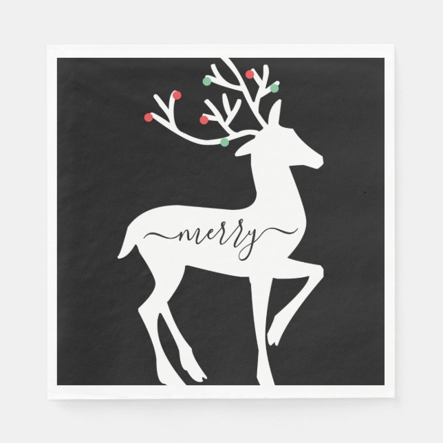 Christmas Reindeer Merry Black Paper Napkins (Front)