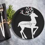 Christmas Reindeer Merry Black Paper Plates<br><div class="desc">Christmas Reindeer Ornament Merry holiday party paper plate features white reindeer with red and green ornaments on a black plate with the word "merry" in handwritten script typography.</div>