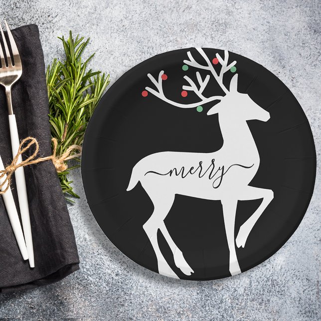 Christmas Reindeer Merry Black Paper Plates (Christmas Reindeer Merry Black Paper Plates)