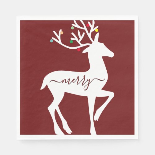 Christmas Reindeer Merry Burgundy Napkins