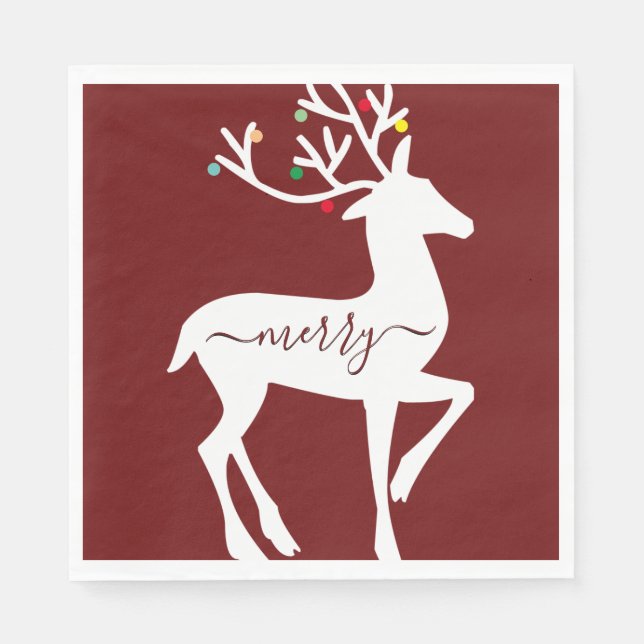 Christmas Reindeer Merry Burgundy Napkins (Front)