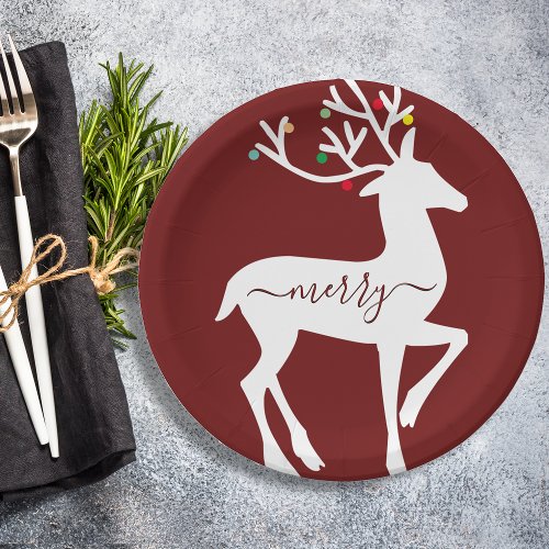 Christmas Reindeer Merry Burgundy Paper Plates