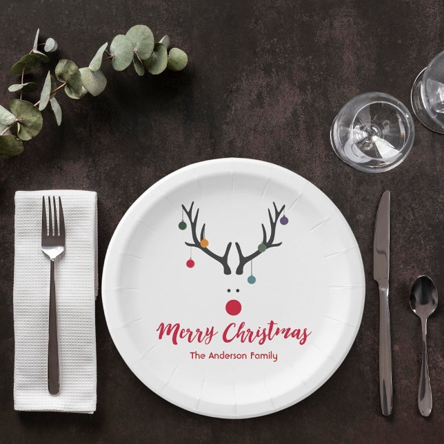 Christmas reindeer modern white red paper plates (Creator Uploaded)
