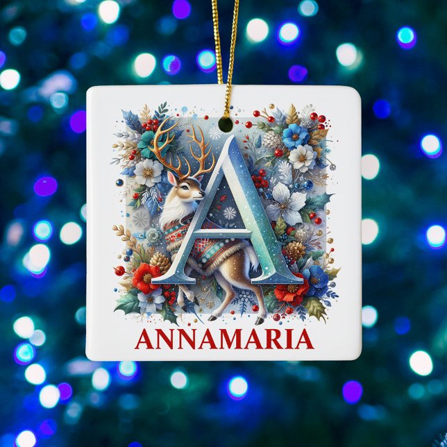 Christmas Reindeer Monogram A With Custom Name Ceramic Ornament (Creator Uploaded)