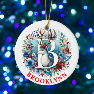 Christmas Reindeer Monogram Letter B Custom Name Ceramic Ornament