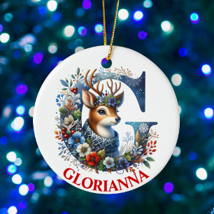 Christmas Reindeer Monogram Letter G Custom Name Ceramic Ornament