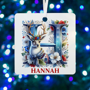 Christmas Reindeer Monogram Letter H Custom Name Metal Ornament