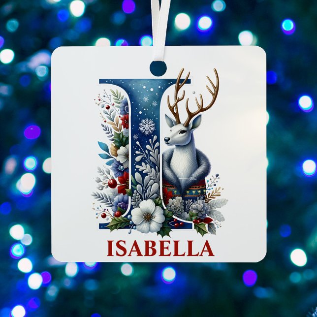 Christmas Reindeer Monogram Letter I Custom Name Metal Ornament (Creator Uploaded)