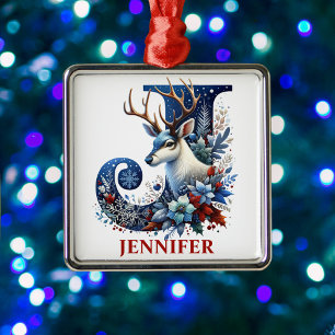 Christmas Reindeer Monogram Letter J Custom Name Metal Ornament