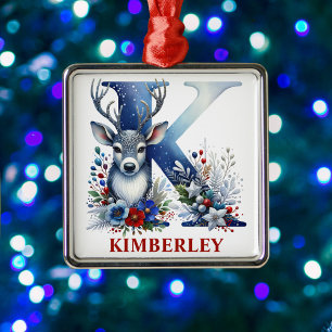 Christmas Reindeer Monogram Letter K Custom Name Metal Ornament