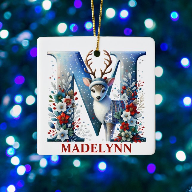 Christmas Reindeer Monogram Letter M Custom Name Ceramic Ornament (Creator Uploaded)