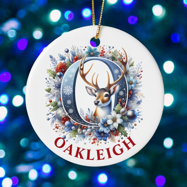 Christmas Reindeer Monogram Letter O Custom Name Ceramic Ornament (Creator Uploaded)