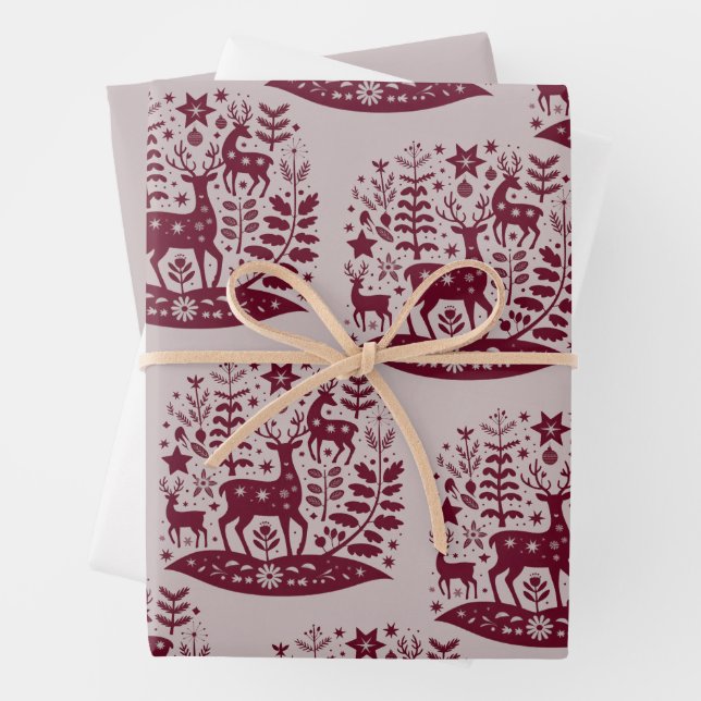 Christmas Reindeer Nordic Folk Art Scandinavian Wrapping Paper Sheets (In situ)