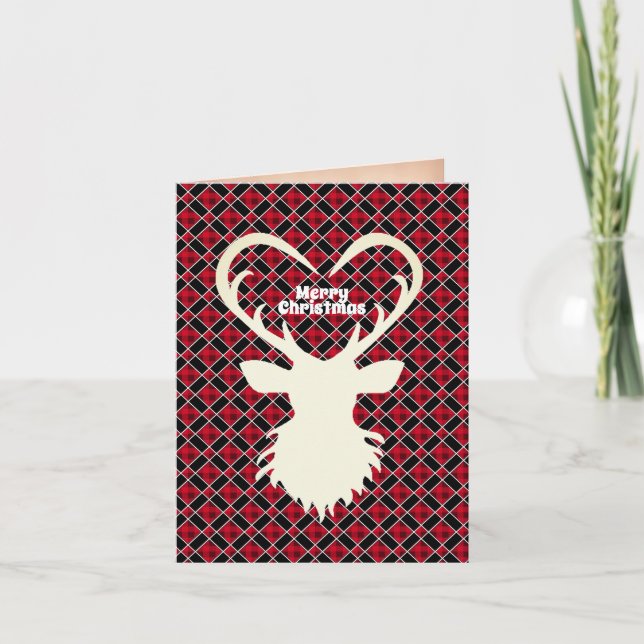 Christmas reindeer on black & red checkered holiday card (Front)