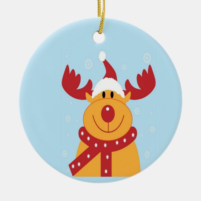 Christmas reindeer on blue ceramic ornament (Front)
