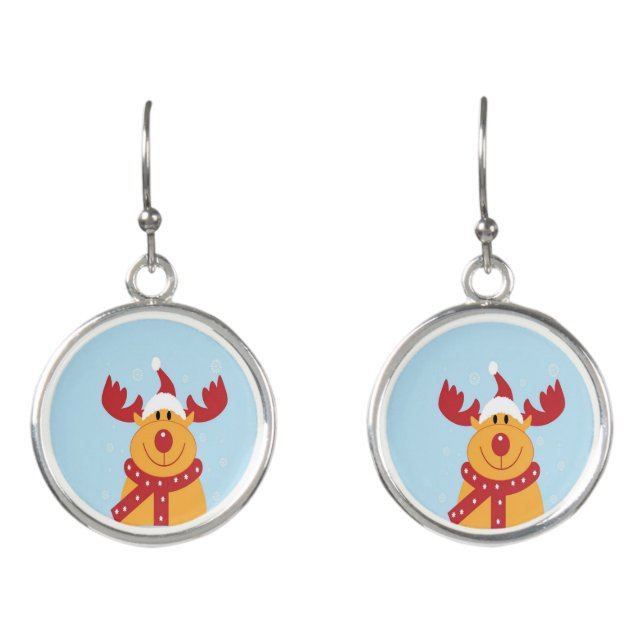 Christmas reindeer on blue earrings (Front)