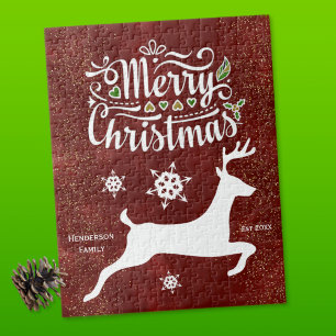 Christmas Reindeer on Burgundy Jigsaw Puzzle
