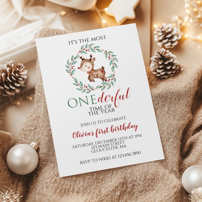 Christmas Reindeer Onederful First Birthday Invitation (Creator Uploaded)