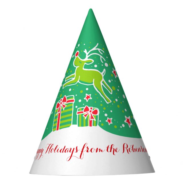 Christmas reindeer over gifts green personalized party hat (Front)