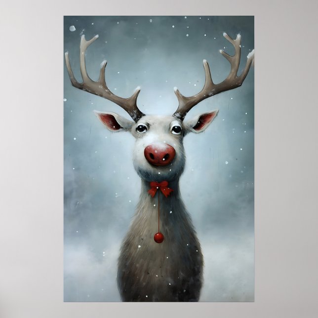 Christmas Reindeer Painting, Rustic Winter Wall Poster (Front)