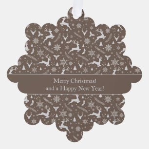 Christmas Reindeer Pattern Brown with Text Ornament Card