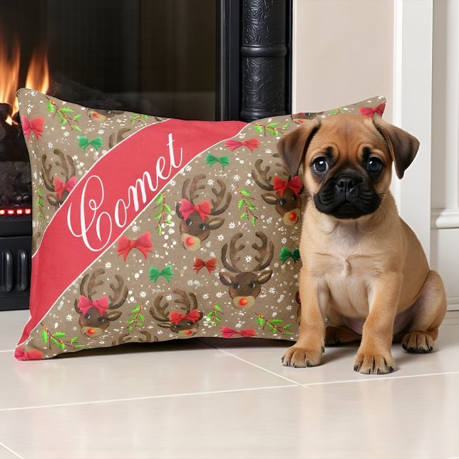 Christmas Reindeer Pattern Holiday  Pet Bed (Festive pet bed with reindeer, holly, and snowflake pattern for holiday cheer.)