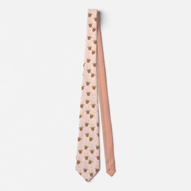 Christmas Reindeer Pattern Peach Gold Neck Tie (Front)