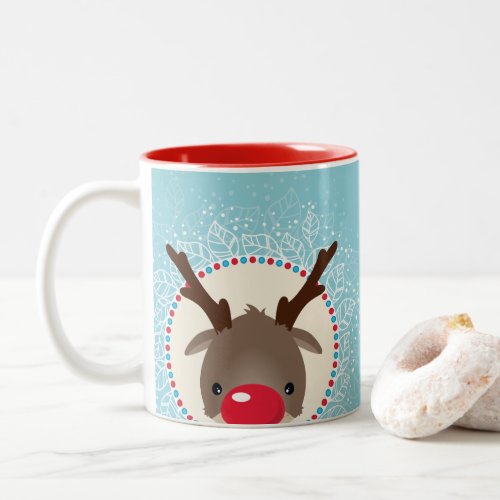 CHRISTMAS REINDEER PEEKING red nose rudolph blue Two_Tone Coffee Mug