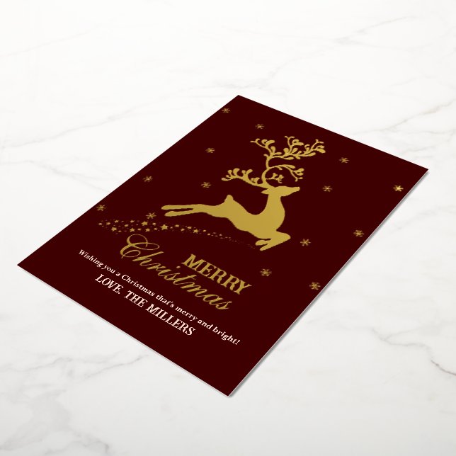 Christmas Reindeer Personalize Family Name  Foil Holiday Card (Rotated)