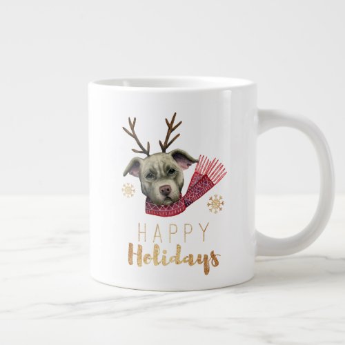 Christmas Reindeer Pit Bull Dog  Happy Holidays Giant Coffee Mug