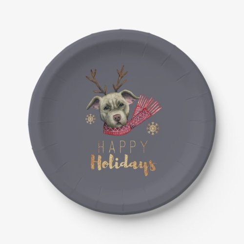 Christmas Reindeer Pit Bull with Faux Gold Fonts Paper Plates