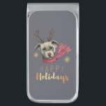 Christmas Reindeer Pit Bull with Faux Gold Fonts Silver Finish Money Clip<br><div class="desc">This is a watercolor and color pencil illustration of a pit bull dog with red scarf and antlers. It says "Happy Holidays" in shiny faux gold font under the dog.</div>