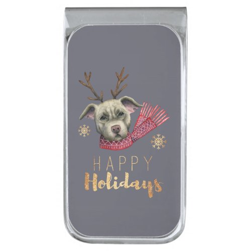 Christmas Reindeer Pit Bull with Faux Gold Fonts Silver Finish Money Clip