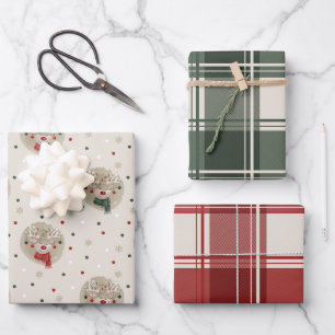 Christmas Reindeer & Plaid Wrapping Paper Sheets