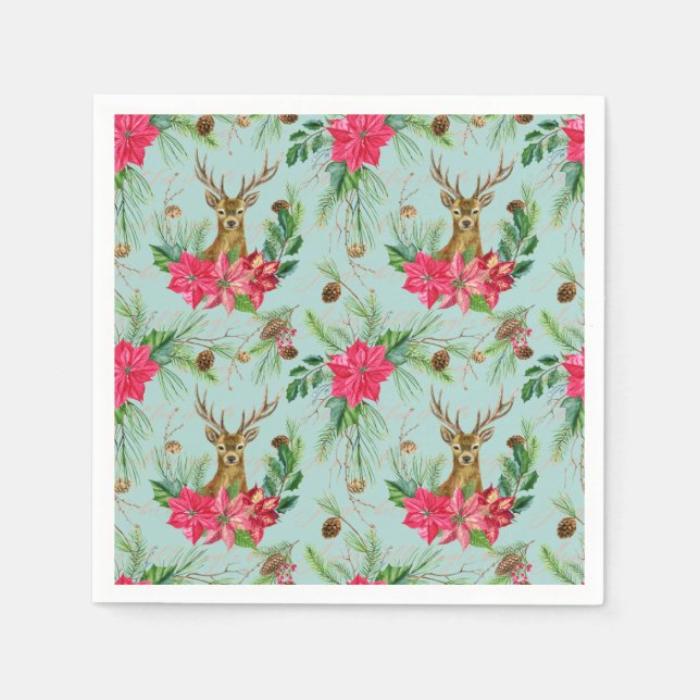 Christmas Reindeer Poinsettia Floral Pattern Napkins (Front)