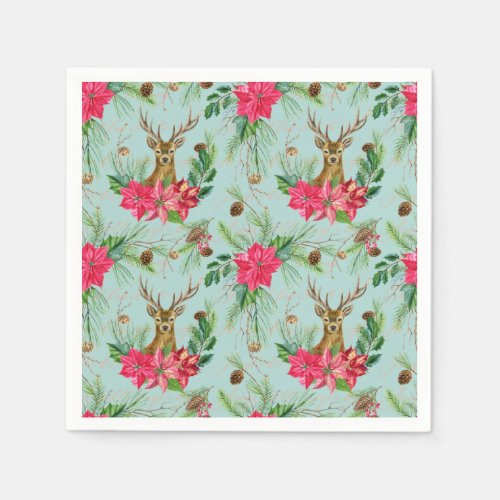 Christmas Reindeer Poinsettia Pattern Paper Napkins