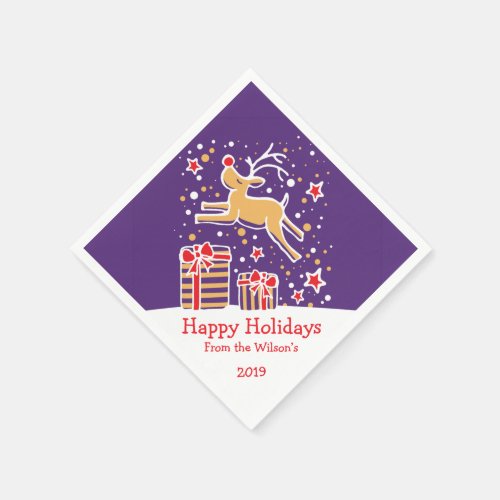 Christmas reindeer purple red yellow paper napkins