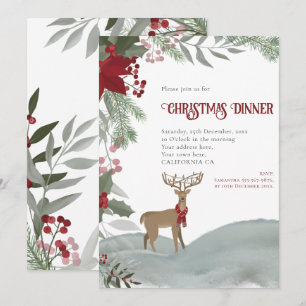 Christmas Reindeer Red Berries Grey Foliage Snow Invitation