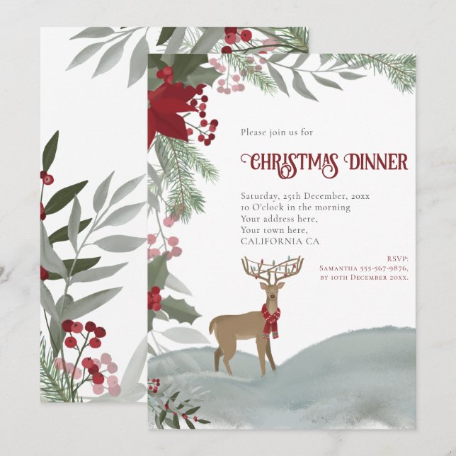 Christmas Reindeer Red Berries Grey Foliage Snow Invitation (Front/Back)