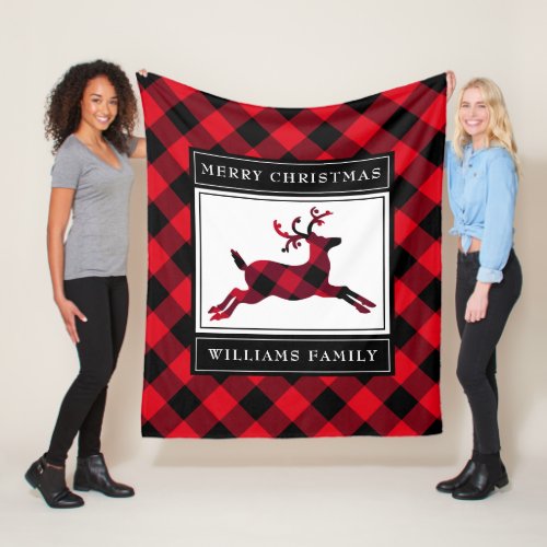 Christmas Reindeer Red Buffalo Plaid Custom Name Fleece Blanket