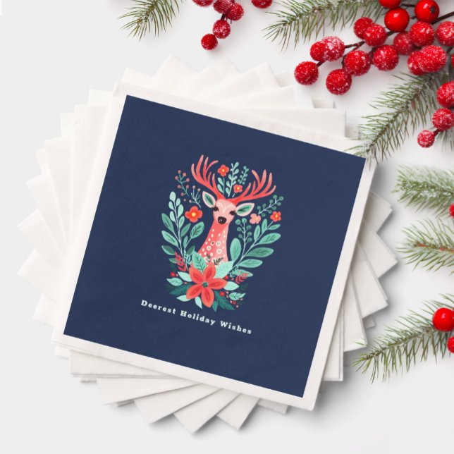 Christmas Reindeer Red Floral Blue Holiday  Napkins (Creator Uploaded)