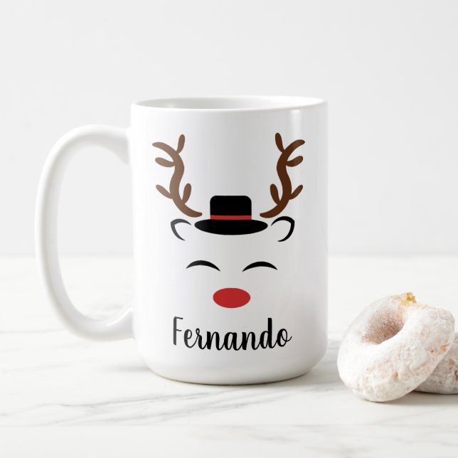 Christmas Reindeer red nose black hat personalized Coffee Mug (With Donut)