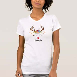Christmas Reindeer red nose floral garland antlers T-Shirt