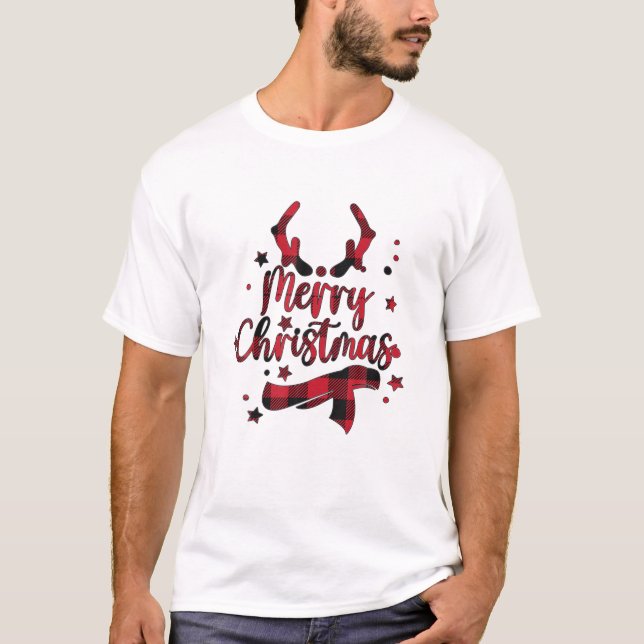 Christmas Reindeer Red Plaid Buffalo Family Christ T-Shirt (Front)