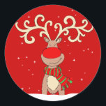 Christmas reindeer red round sticker<br><div class="desc">Customise with your wrapping or cards with this sheet of Christmas reindeer with big antlers fun character animal stickers. Uniquely designed by Sarah Trett.</div>