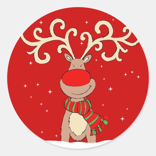 Christmas reindeer red round sticker (Front)